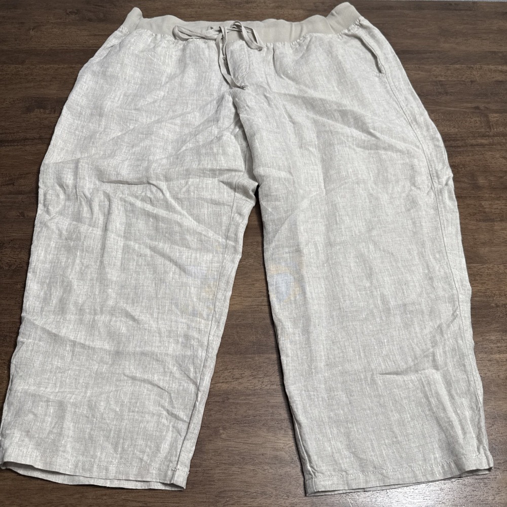 Allen Allen Size 1X Linen Wide Leg Cropped Pants Pockets Beige Elastic Waist‎